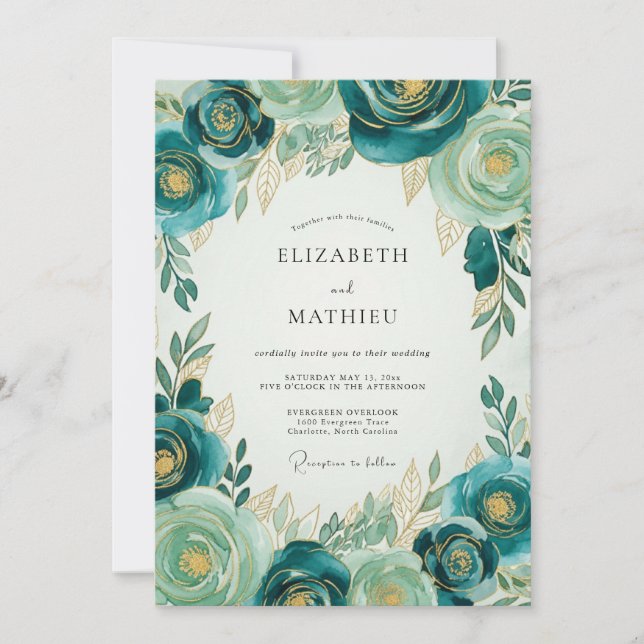 Teal Gold Luxe Botanical Wedding Invitation (Front)