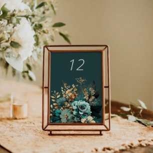 Teal Gold Luxe Floral Wedding Table Card