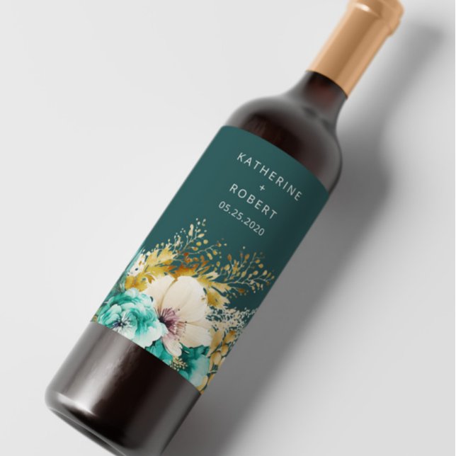 Teal Gold Luxurious Floral Wedding Wine Label Set (Creator Uploaded)