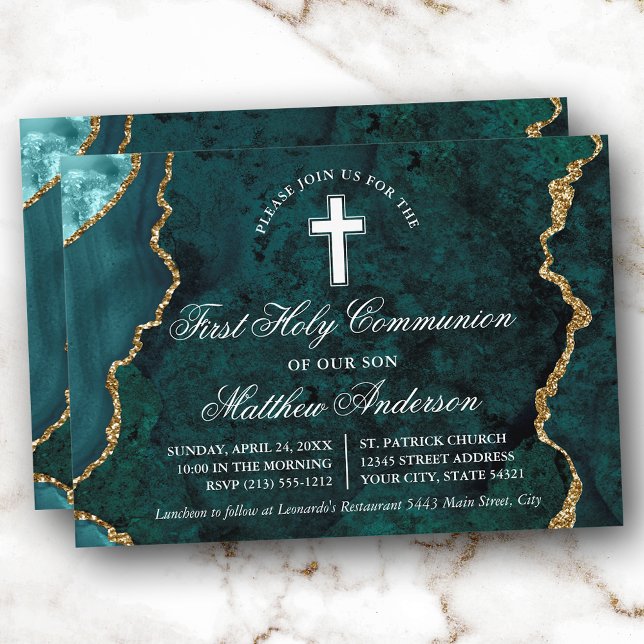 Teal Gold Marble Agate Geode First Communion Invitation (Customize to change text size, text style or to add more text to back of card.)