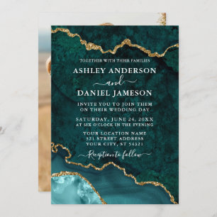 Teal Gold Marble Agate Geode Photo Wedding Invitation