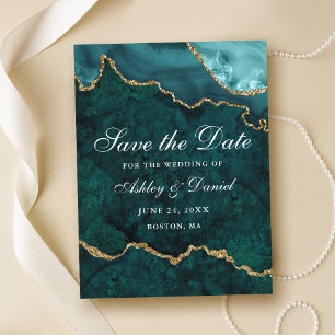 Teal Gold Marble Agate Geode Save The Date Announcement Postcard