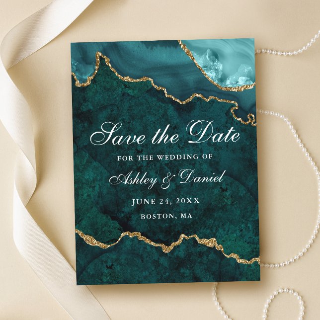 Teal Gold Marble Agate Geode Save The Date Announcement Postcard (Customize to change text size or text style.)