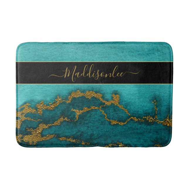 Teal Gold Marble Agate Monogram Name Custom Beach  Bath Mat (Front)