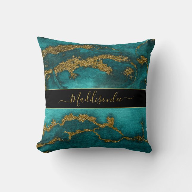 Teal Gold Marble Agate Monogram Name Custom Beach  Cushion (Front)