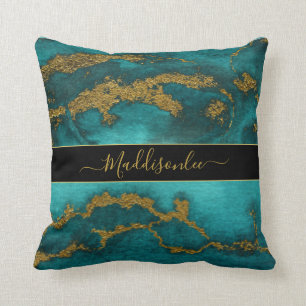 Teal Gold Marble Agate Monogram Name Custom Beach  Cushion