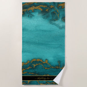 Teal Gold Marble Agate Monogram Name Custom Beach Towel