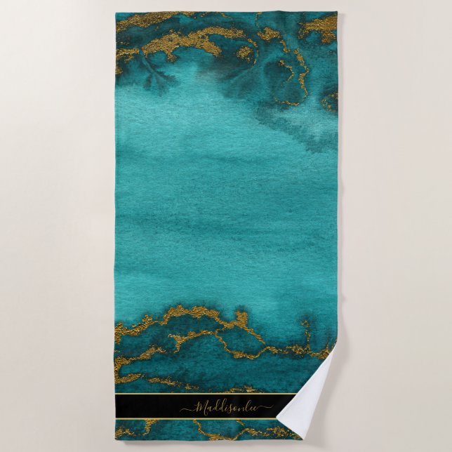 Teal Gold Marble Agate Monogram Name Custom Beach Towel (Front)