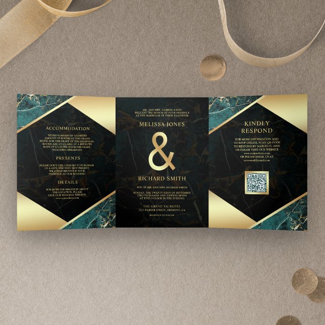 Teal Gold Marble Ampersand QR Code Wedding Tri-Fold Invitation (Creator Uploaded)