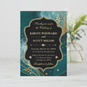 Teal Gold Marble Glitter Elegant Wedding Invitation