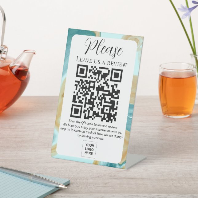 Teal Gold Marble Leave us a Review QR code Pedestal Sign (In SItu)