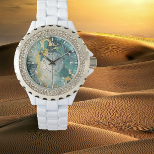 Teal & Gold Marble Rhinestone Watch – White Enamel