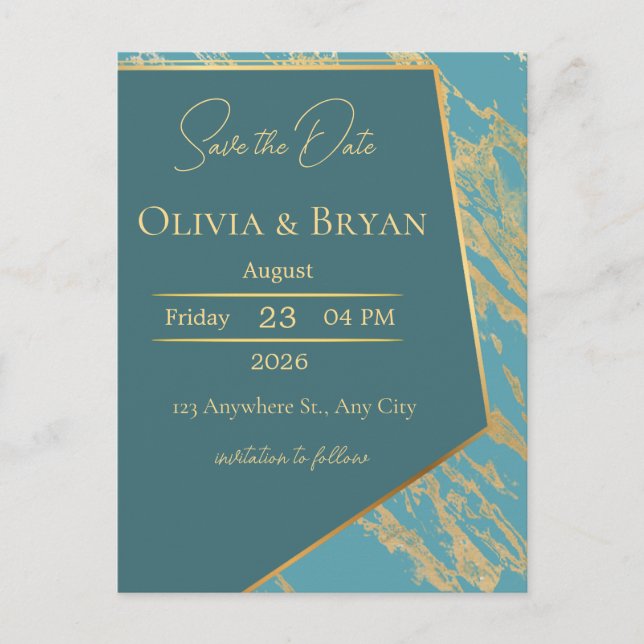 Teal & Gold Marble Save the Date Card | Elegant Mo (Front)