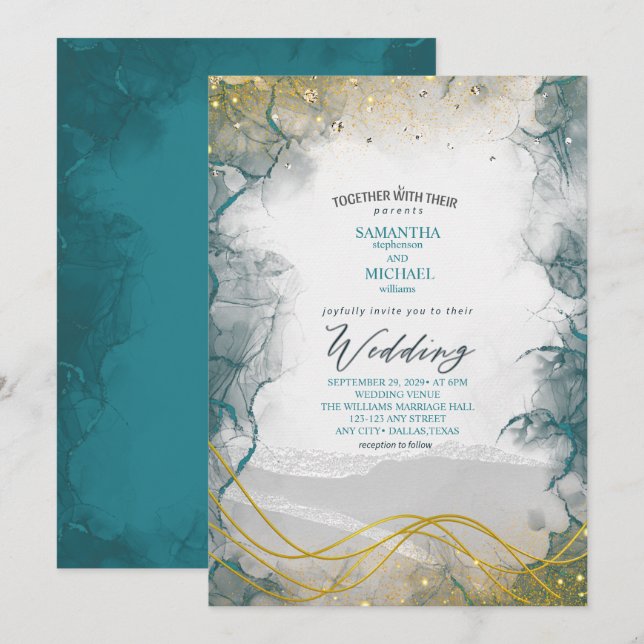 Teal Gold Marble Wedding Invitation (Front/Back)