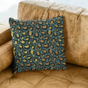 Teal Gold Metallic Foil Glam Leopard Fur Spots Cushion