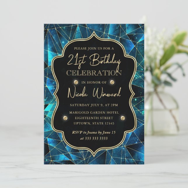 Teal & Gold Midnight Crystal Galaxy 21st Birthday Invitation (Standing Front)