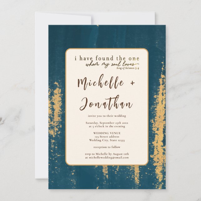 Teal Gold Modern Art Bible Verse Christian Wedding Invitation (Front)