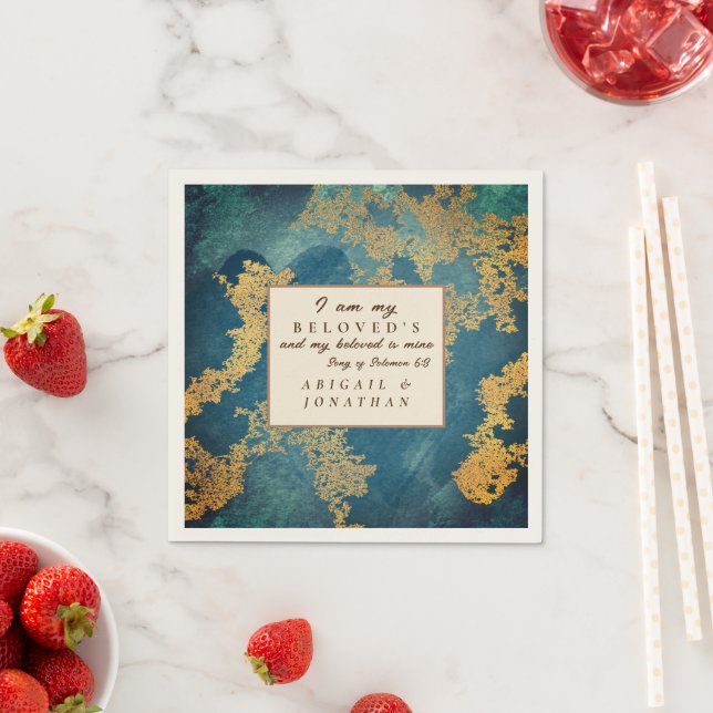 Teal Gold Modern Art Wedding Bible Verse  Napkin (Insitu)
