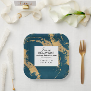 Teal Gold Modern Art Wedding Bible Verse Paper Plate