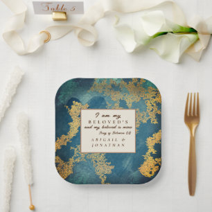 Teal Gold Modern Art Wedding Bible Verse Paper Plate