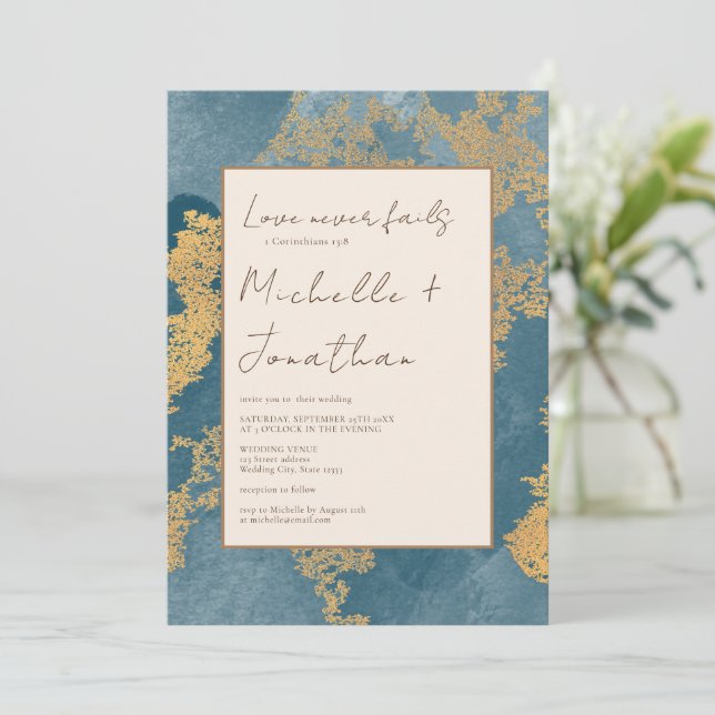 Teal Gold Modern Christian Bible Verse Wedding Invitation (Standing Front)