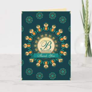 Teal Gold Monogram Thank You Card