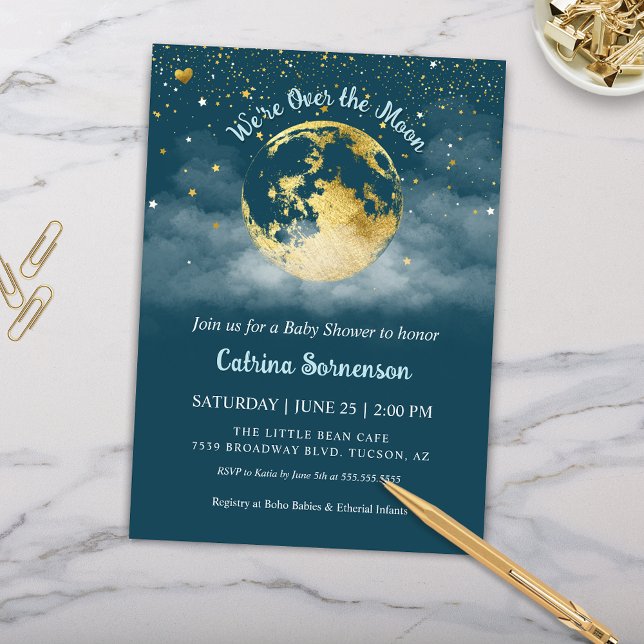 Teal Gold Moon and Stars Baby Shower Invitation (Teal Aqua and Gold Over the Moon Baby Shower Invitation Gender Neutral Celestial Theme)