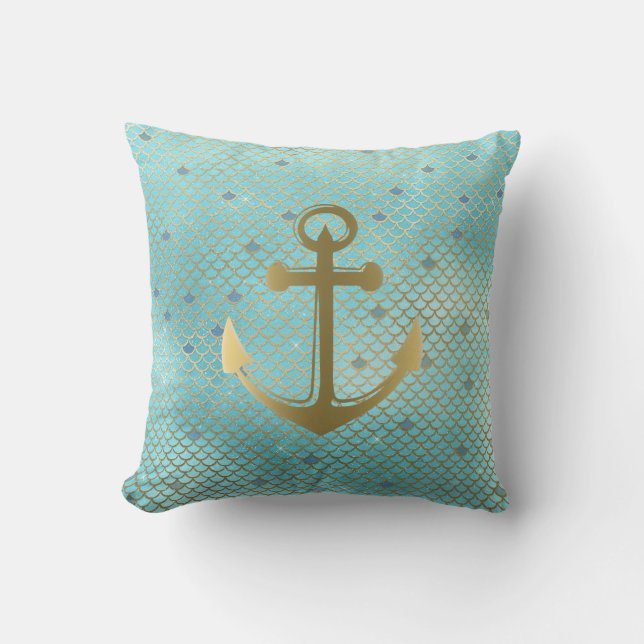 Teal Gold Nautical Anchor Mermaid Scales Outdoor Cushion (Front)