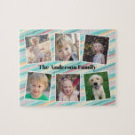 Teal Gold Orange Stripes Family Photo Collage Jigsaw Puzzle<br><div class="desc">This colourful photo puzzle is a fun gift for any family. It offers 6 photo frames for pictures of children and family members. The background is teal,  red and orange watercolor stripes. Custom text allows you to personalise with your family name.</div>