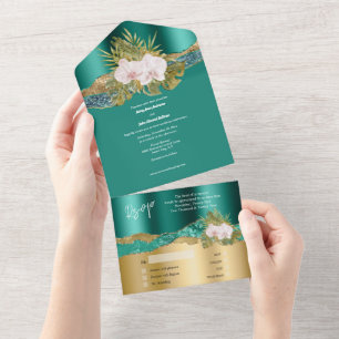 Teal gold orchid glitter island tropical wedding all in one invitation