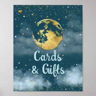 Teal Gold Over the Moon and Stars Baby Shower Sign