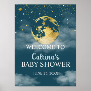 Teal Gold Over the Moon Baby Shower Welcome Sign