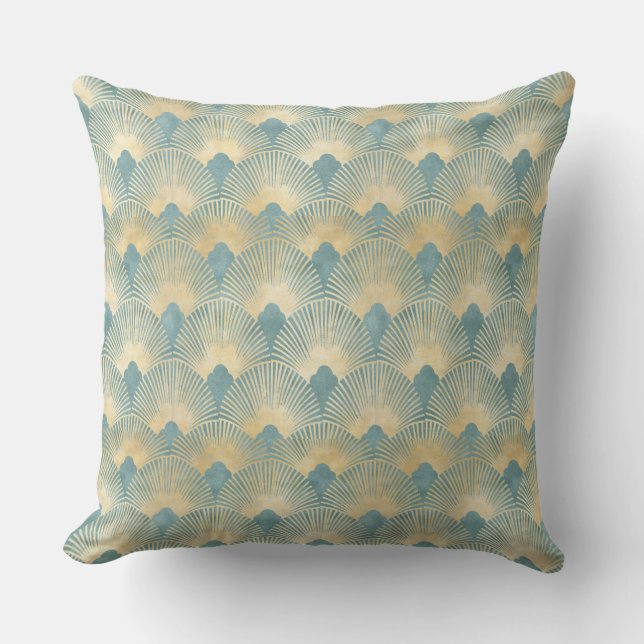 Teal gold pattern,fan feather pattern,Art Deco chi Cushion (Front)
