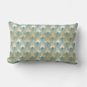 Teal gold pattern,fan feather pattern,Art Deco chi Lumbar Cushion