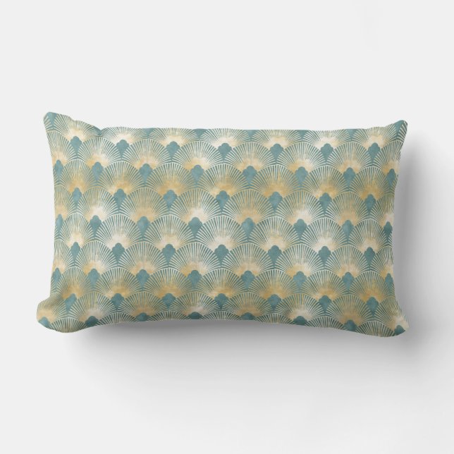 Teal gold pattern,fan feather pattern,Art Deco chi Lumbar Cushion (Front)