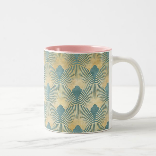Teal gold pattern,fan feather pattern,Art Deco chi Two-Tone Coffee Mug (Right)