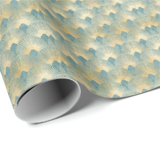 Teal gold pattern,fan feather pattern,Art Deco chi Wrapping Paper