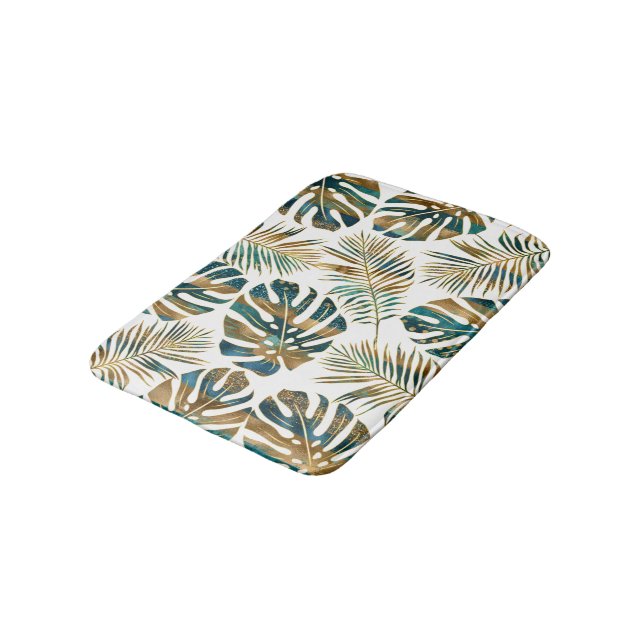 Teal, gold patterned tropical leaves brush strokes bath mat (Angled)