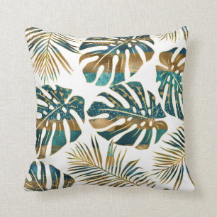 Teal gold patterned tropical leaves brush strokes cushion