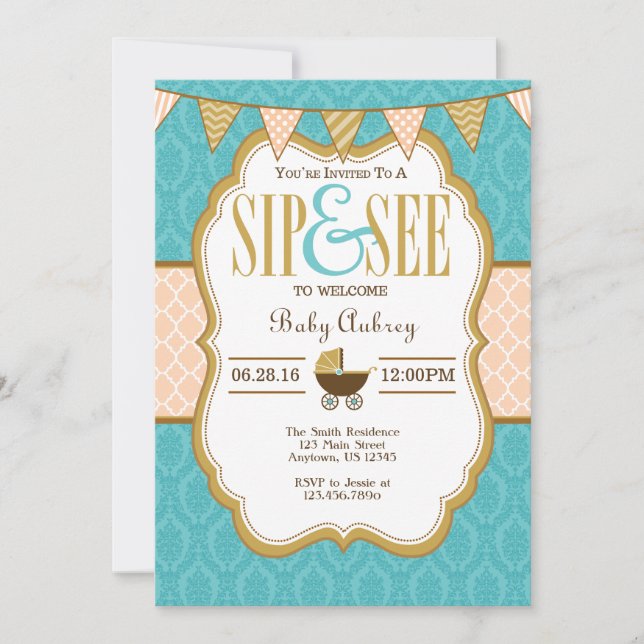 Teal Gold Peach Sip And See Invitation (Front)