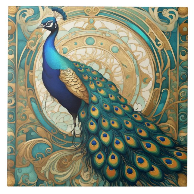 Teal Gold Peacock Bird Art Nouveau Art Deco Ceramic Tile (Front)