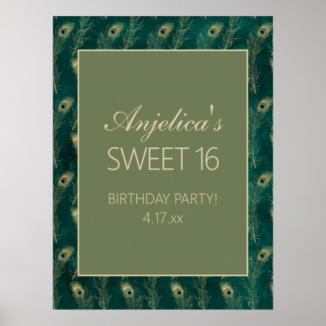 Teal Gold Peacock Feathers Girl's Sweet 16 Poster (Front)