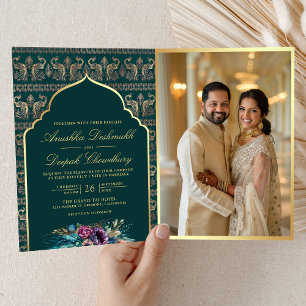 Teal Gold Peacock Pattern Floral Indian Wedding Invitation