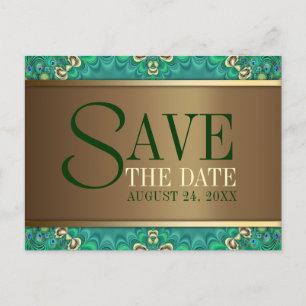 Teal Gold Peacock Save the Date Postcard