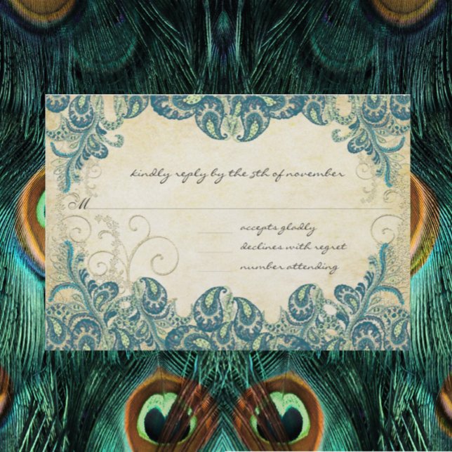 Teal & Gold Peacock Wedding RSVP Card (Creator Uploaded)
