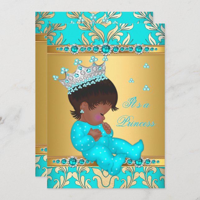 Teal Gold Pearl Princess Baby Shower Ethnic Invitation (Front/Back)