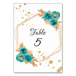 Teal Gold Peony Geometric Glitter Table Number