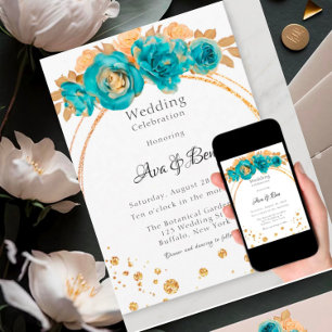 Teal Gold Peony Geometric Wedding Celebration Invitation