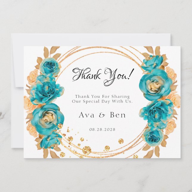 Teal Gold Peony Geometric Wedding Thank You Cards (Front)