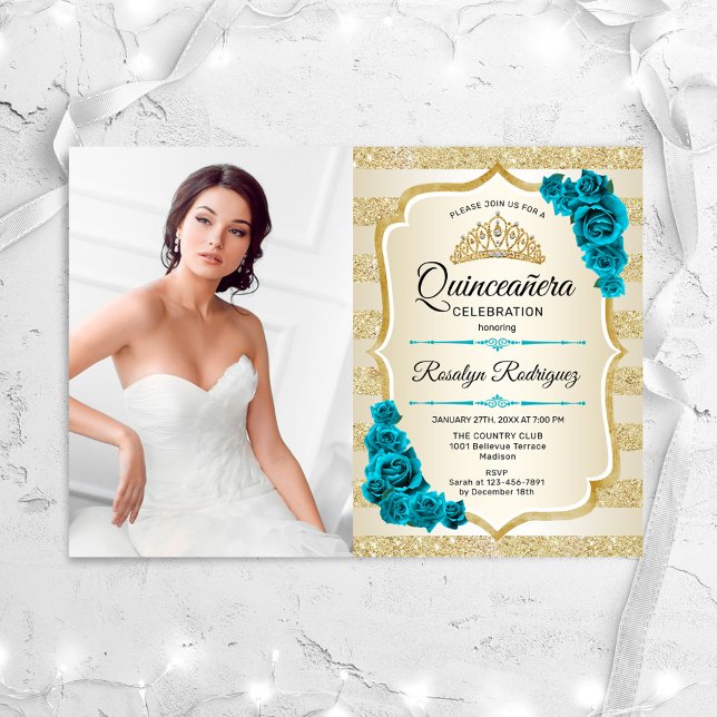 Teal Gold Photo Elegant Quinceanera Invitation (Creator Uploaded)